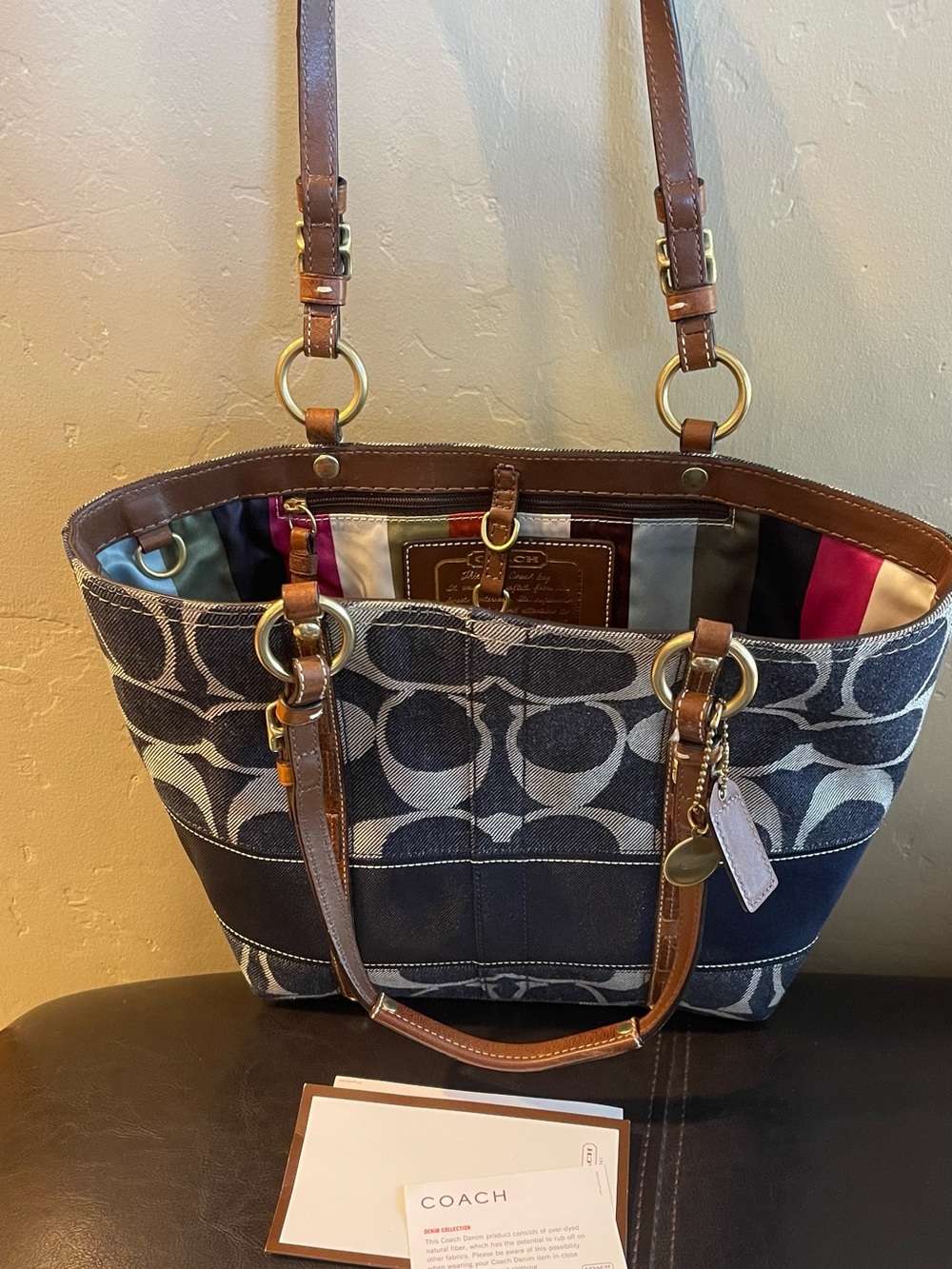 Coach Legacy Signature Denim Heritage Stripe Tote stripe lining y2k blue brown